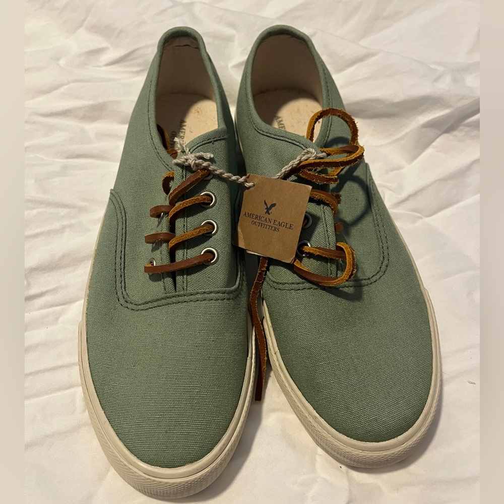 American Eagle Outfitters Canvas Sneakers in Sage Green with Brown Laces